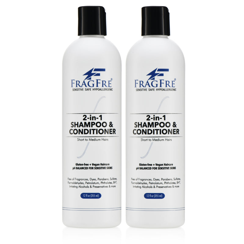 FRAGFRE 2 in 1 Shampoo and Conditioner 12 oz (2-Pack Gift Set) -  Vegan Gluten Free Cruelty Free - Hypoallergenic Sulfate Free Shampoo for Short Hairs