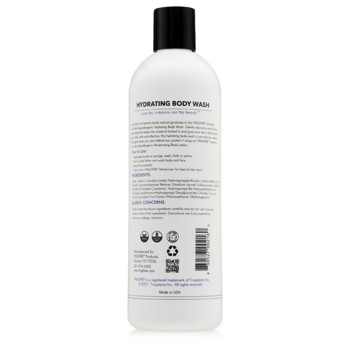 FRAGFRE Hydrating Body Wash for Sensitive Skin 16oz - Sulfate Free Hypoallergenic Body Cleanser - Mild Cucumber Aroma - Vegan Gluten Free Cruelty Free