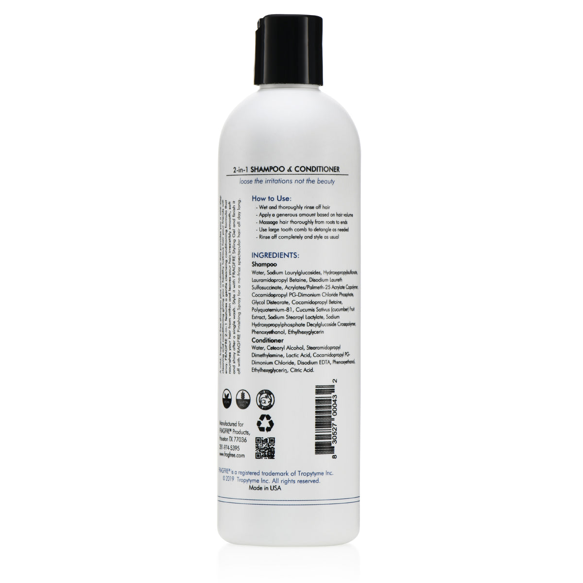 FRAGFRE 2 in 1 Shampoo and Conditioner 12 oz (2-Pack Gift Set) -  Vegan Gluten Free Cruelty Free - Hypoallergenic Sulfate Free Shampoo for Short Hairs