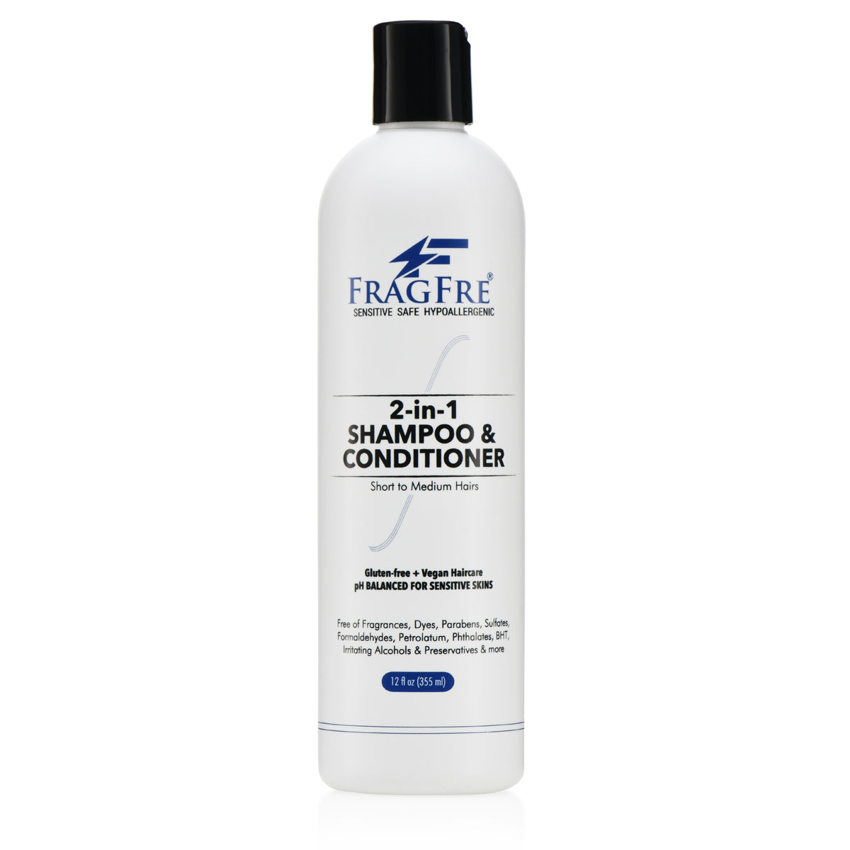 FRAGFRE 2 in 1 Shampoo and Conditioner for Sensitive Skin 12 oz - Hypoallergenic Sulfate Free Shampoo for Short to Medium Hairs - Vegan Gluten Free