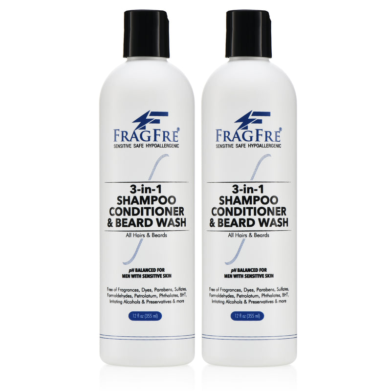 FRAGFRE 3 in 1 Shampoo Conditioner and Beard Wash for Men 12 oz (2-Pack Gift Set) - Unscented Beard Wash for Sensitive Skin -Saves You Time and Money
