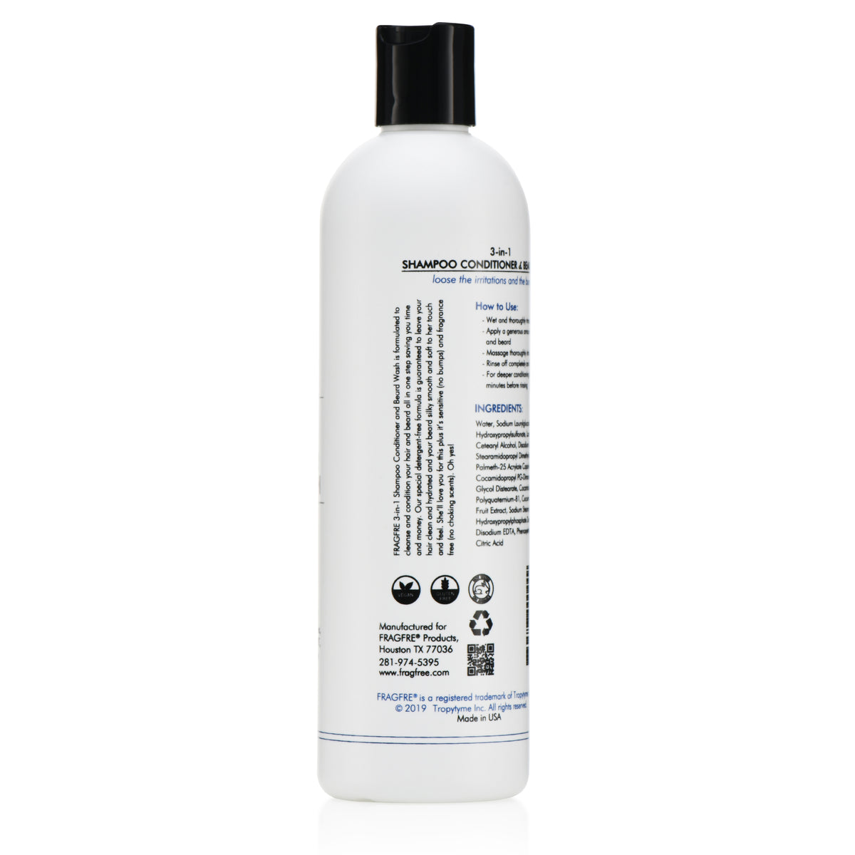 FRAGFRE 3 in 1 Shampoo Conditioner and Beard Wash for Men 12 oz - Unscented Beard Wash for Sensitive Skin -Hair and Beard Cleansing and Conditioning