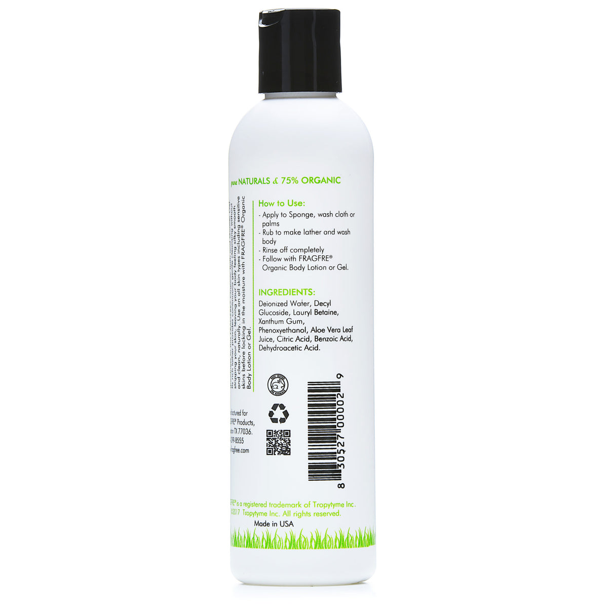 FRAGFRE Organic Shower Gel 8 oz - Fragrance Free Sulfate Free