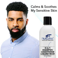 FRAGFRE 3 in 1 Shampoo Conditioner and Beard Wash for Men 12 oz - Unscented Beard Wash for Sensitive Skin -Hair and Beard Cleansing and Conditioning