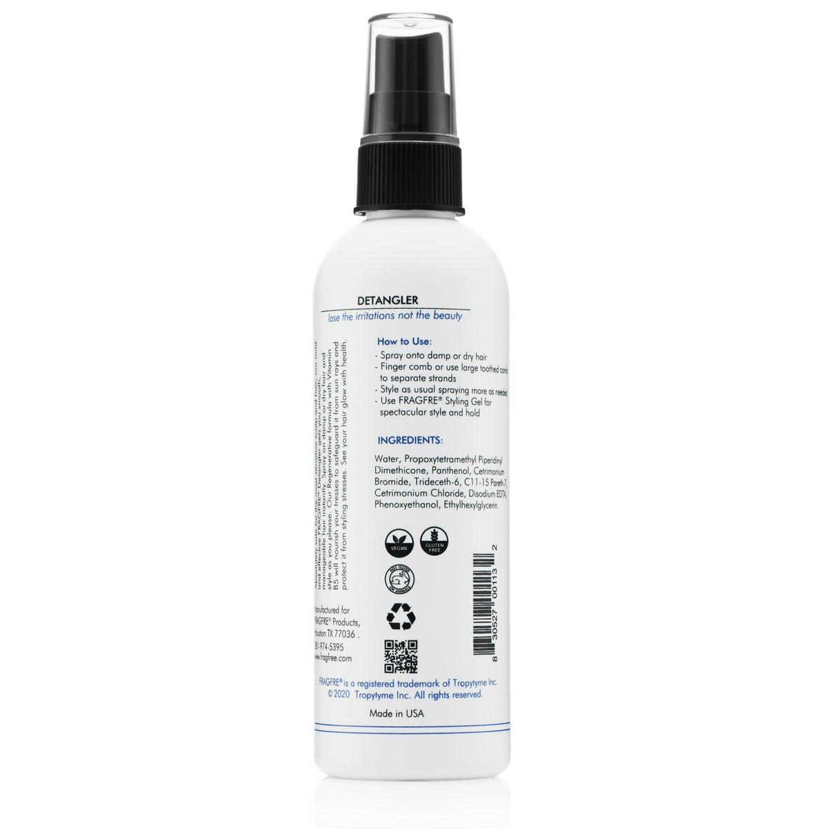 FRAGFRE Hair Detangler 8 oz - Styling Heat Protectant Spray - Leave in Conditioner for Sensitive Skin - Hypoallergenic Gluten Free Vegan Cruelty Free