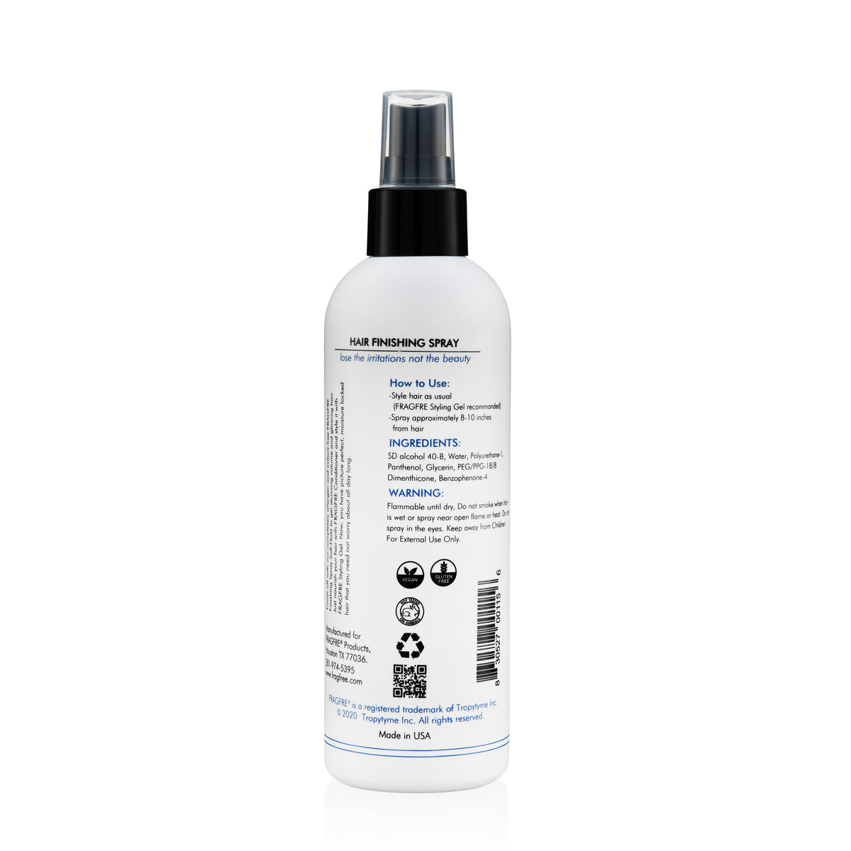 FRAGFRE Hair Finishing Spray Soft Hold 8 oz - Vegan Hair Spray for Sensitive Skin - Hypoallergenic Fragrance Free - Non-irritating Denatured Alcohol