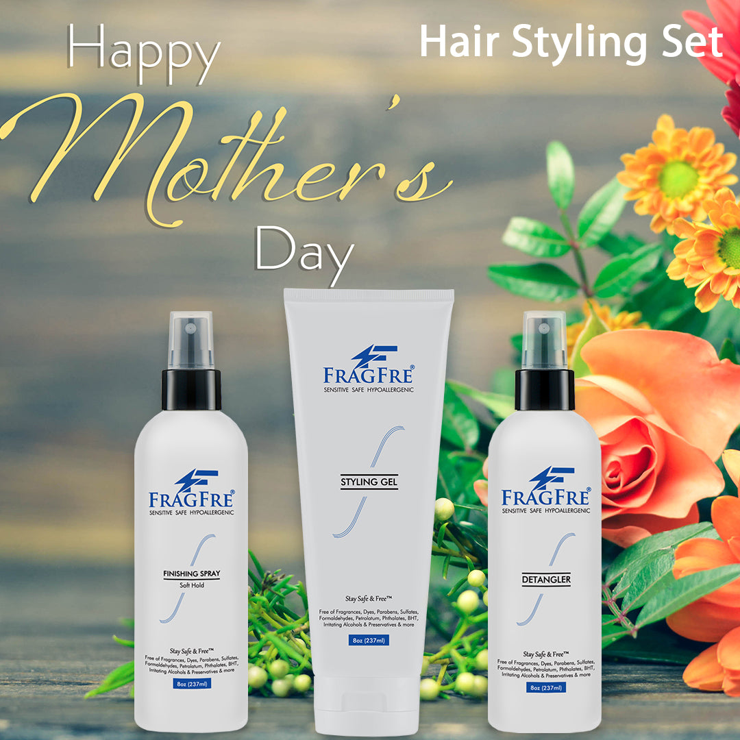 FRAGFRE Hair Styling Set for Sensitive Skin 8 oz ea - Detangler-Styling Gel-Finishing Spray - Hypoallergenic Fragrance Free - Vegan Gluten Free