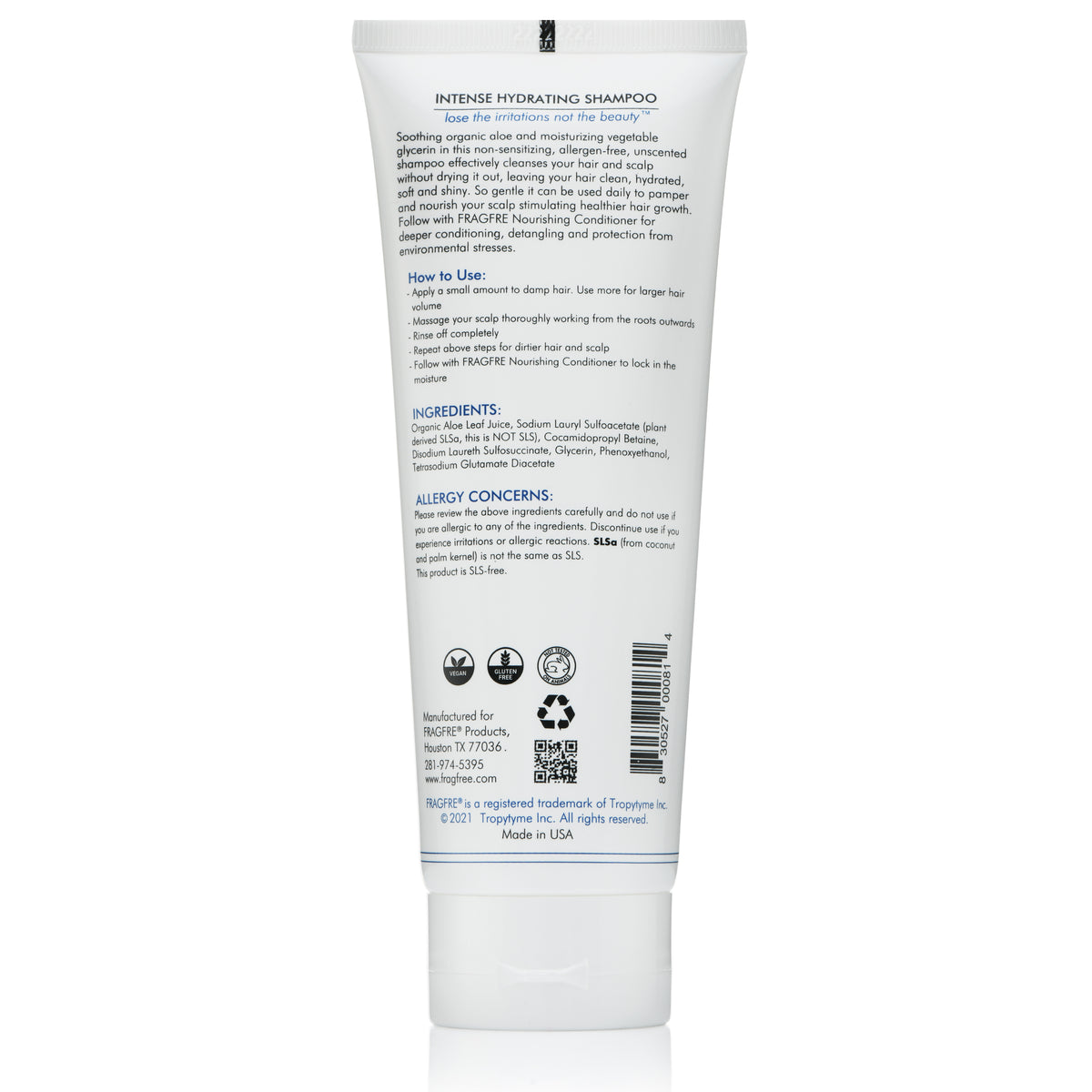 FRAGFRE Intense Hydrating Shampoo 8 oz - Fragrance Free Hypoallergenic Sulfate Free Moisturizing Shampoo - Safe on Colors and Sensitive Scalps - Vegan