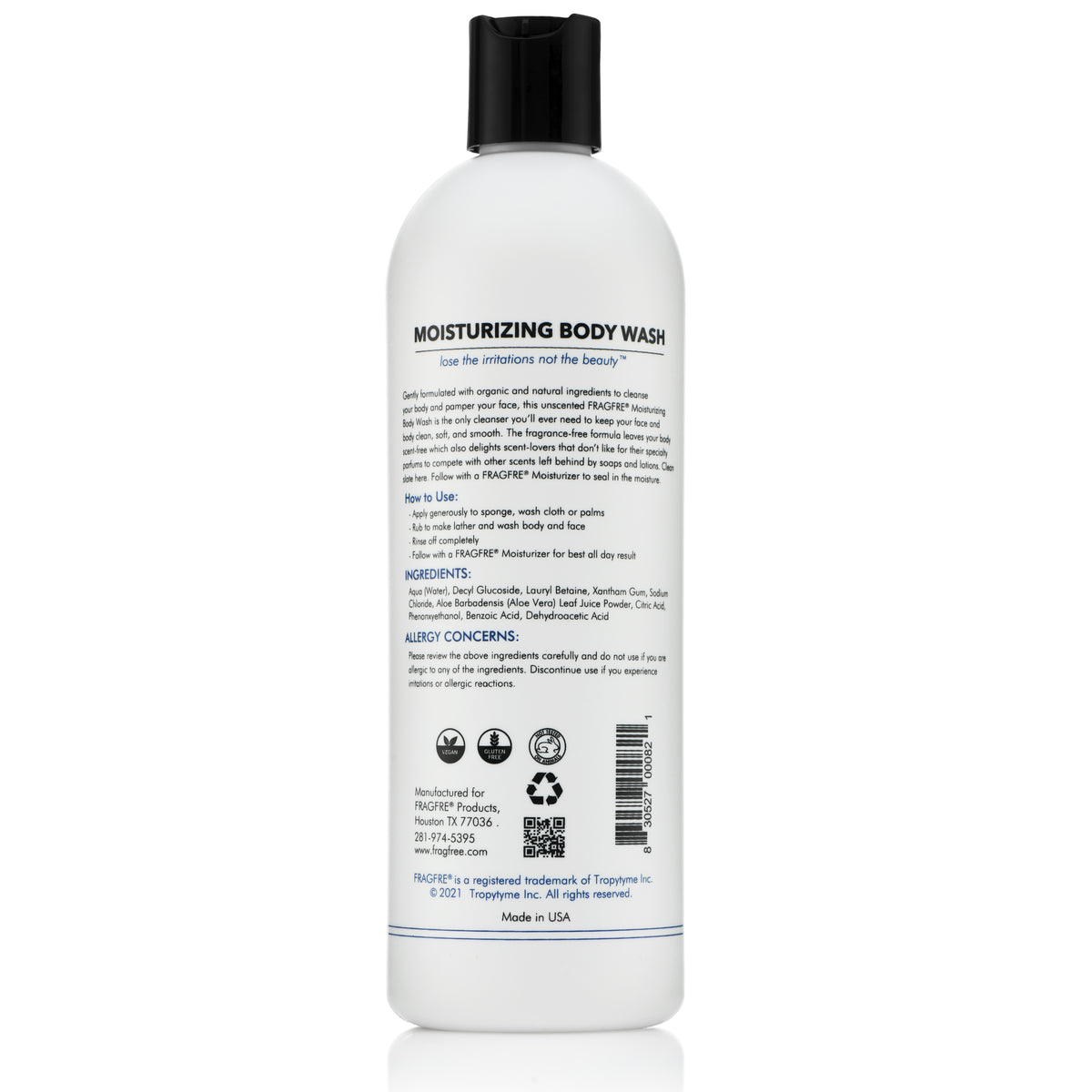 FRAGFRE Moisturizing Body Wash 16 oz - Gentle Body and Facial Cleanser - Sulfate Free Fragrance Free - Normal Oily Dry and Sensitive Skins - Vegan