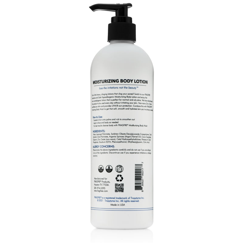 FRAGFRE Moisturizer for Sensitive Skin 16 oz - Fragrance Free Non Comedogenic Lotion - Zinc Oxide for UVA UVB Sun Protection - Oily / Combination Skin