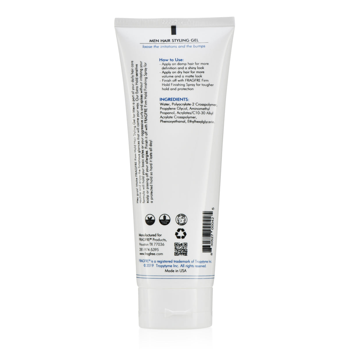 FRAGFRE Hair Gel for Men Firm Hold 8 oz - Men's Styling Gel for Extreme Hair Styles - Paraben Free Fragrance Free Hypoallergenic - Vegan Gluten Free