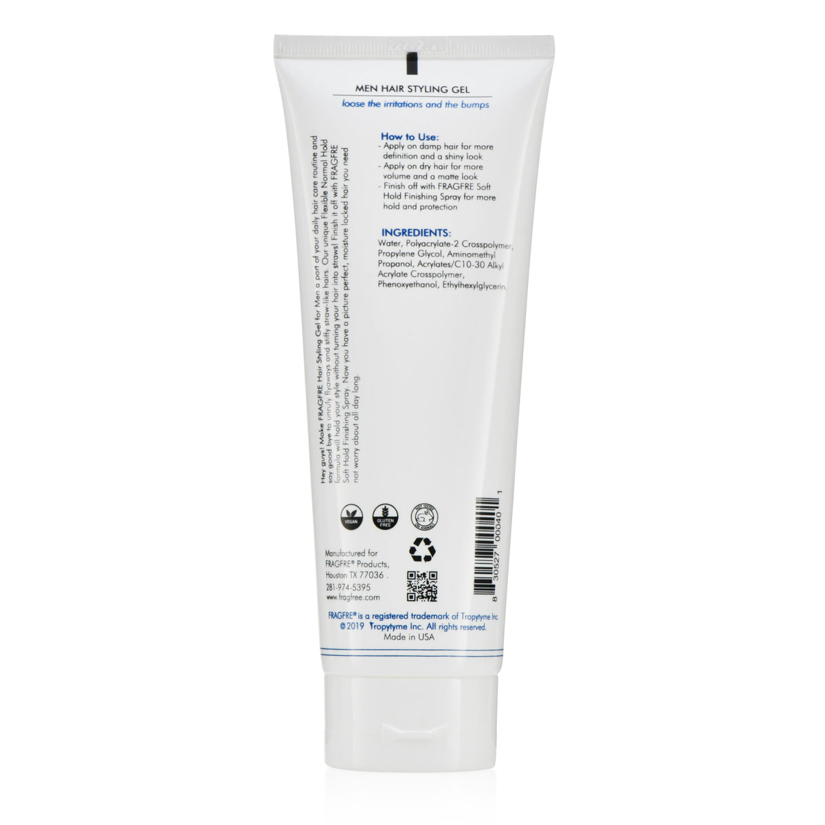 FRAGFRE Men Hair Styling Gel Fragrance Free 8 oz (2-Pack Gift Set) - pH Balanced for Men with Sensitive Skins - Normal Hold for Normal Hair Styles