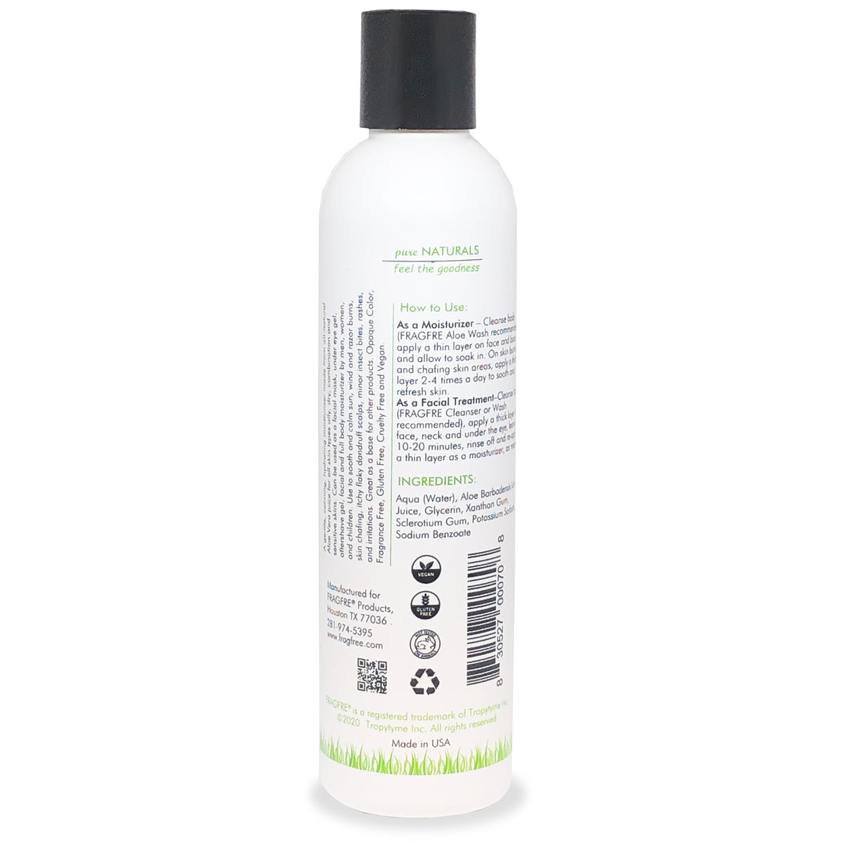 FRAGFRE All-Natural Aloe Vera Gel 8 oz - No Synthetic Carbomer or Acrylate - 100% Natural Aloe Vera Soothing Gel - Fragrance Free Vegan Gluten Free