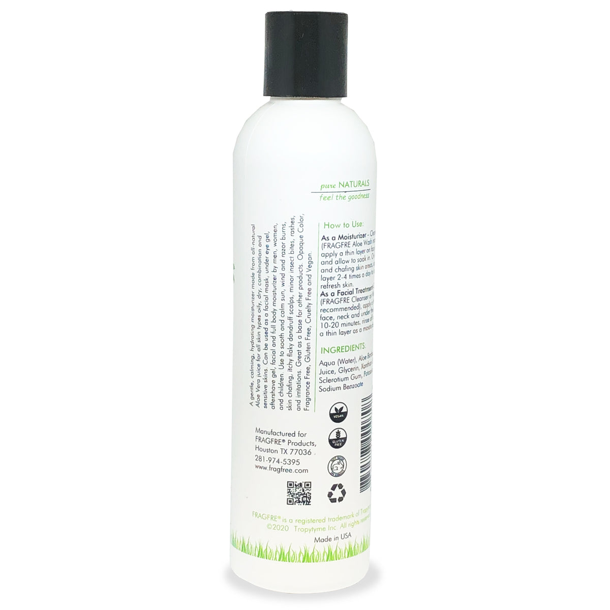 FRAGFRE All-Natural Aloe Vera Gel 8 oz - No Synthetic Carbomer or Acrylate - 100% Natural Aloe Vera Soothing Gel - Fragrance Free Vegan Gluten Free
