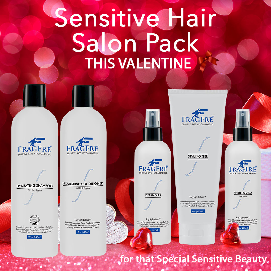 FRAGFRE Professional Hair Salon Set for Sensitive Skin 8/12 oz/ea (5-Pack Gift Set) - Shampoo-Conditioner-Hair Detangler-Styling Gel-Finishing Spray