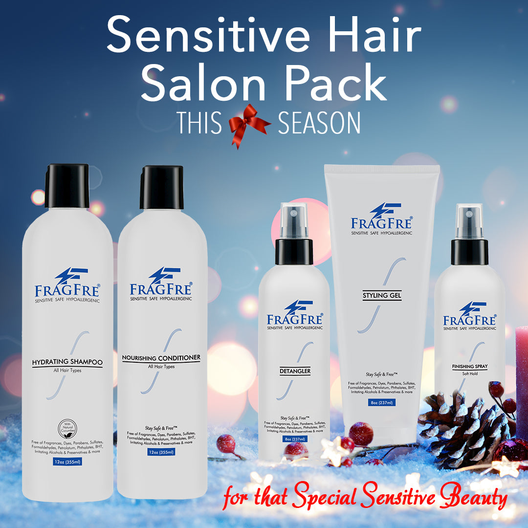 FRAGFRE Professional Hair Salon Set for Sensitive Skin 8/12 oz/ea (5-Pack Gift Set) - Shampoo-Conditioner-Hair Detangler-Styling Gel-Finishing Spray