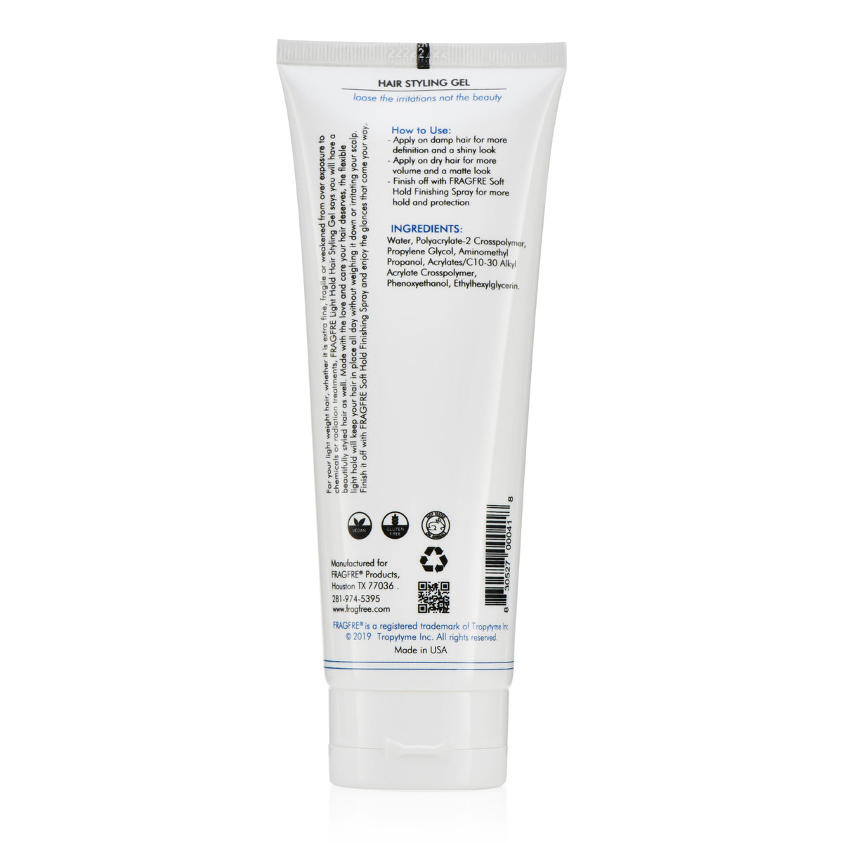 FRAGFRE Light Hold Hair Gel Fragrance Free 8 oz - Lightweight Styling Gel for Fine Fragile and Weakened Hair - Vegan Gluten Free Hypoallergenic