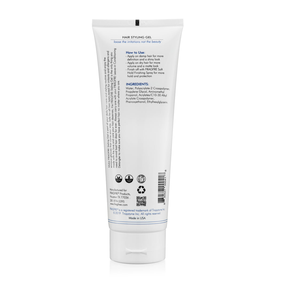 FRAGFRE Hair Styling Gel Medium Hold 8 oz - Hair Gel for Sensitive Skin - Fragrance Free Paraben Free Hypoallergenic - Gluten Free Vegan Cruelty Free