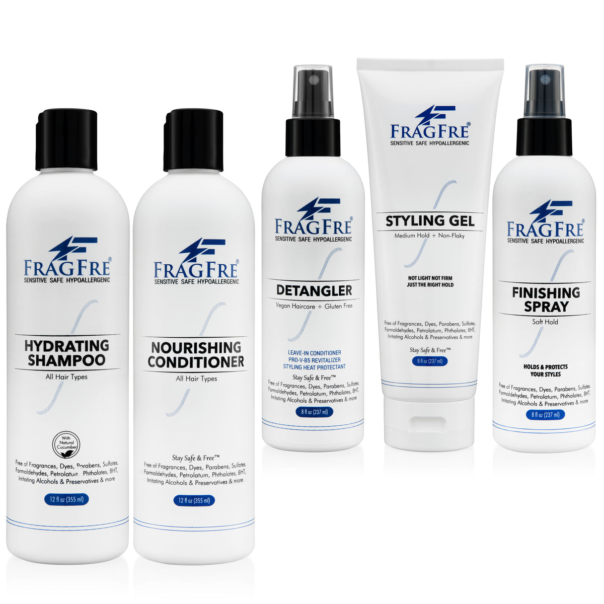 FRAGFRE Professional Hair Salon Set for Sensitive Skin 8/12 oz/ea (5-Pack Gift Set) - Shampoo-Conditioner-Hair Detangler-Styling Gel-Finishing Spray