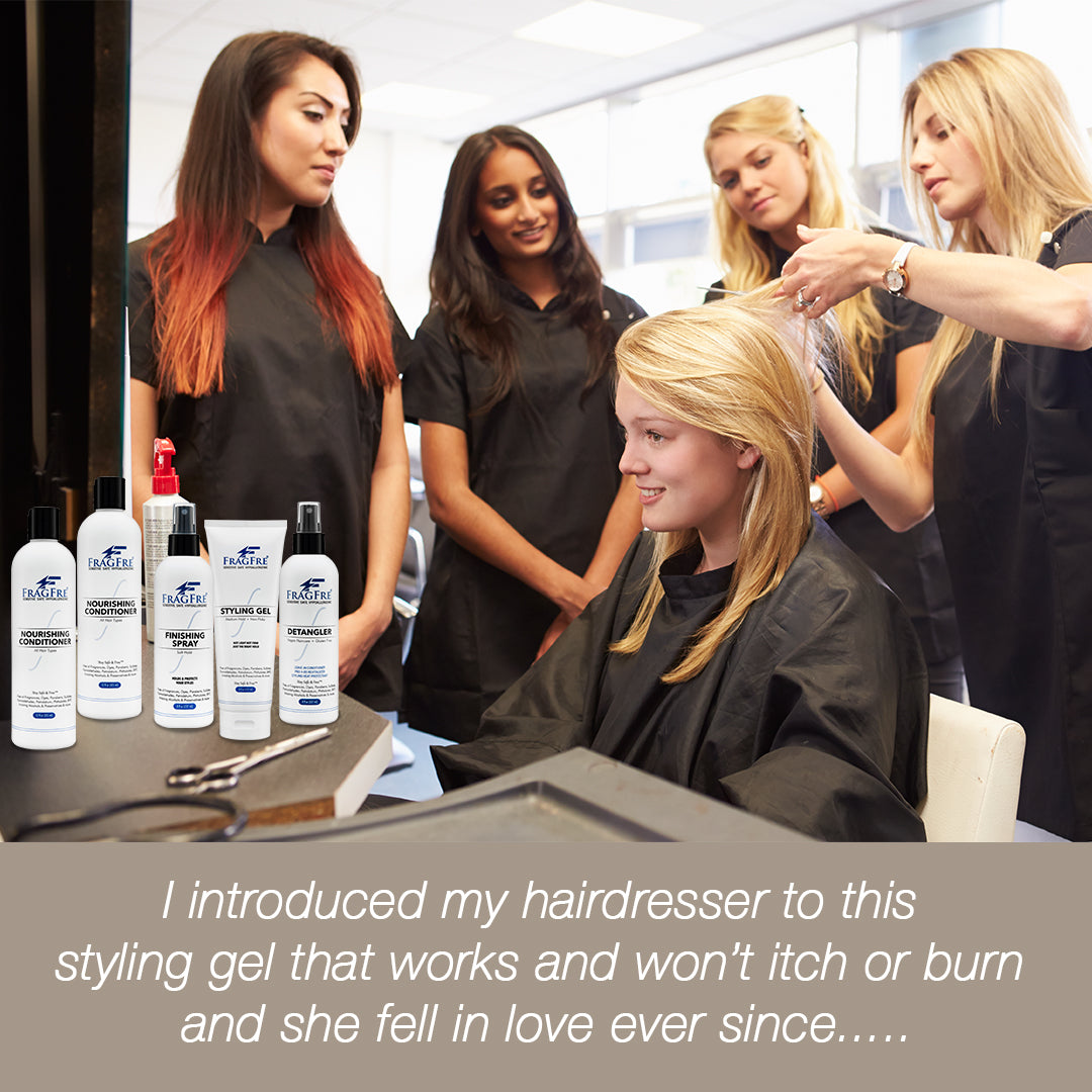 FRAGFRE Professional Hair Salon Set for Sensitive Skin 8/12 oz/ea (5-Pack Gift Set) - Shampoo-Conditioner-Hair Detangler-Styling Gel-Finishing Spray